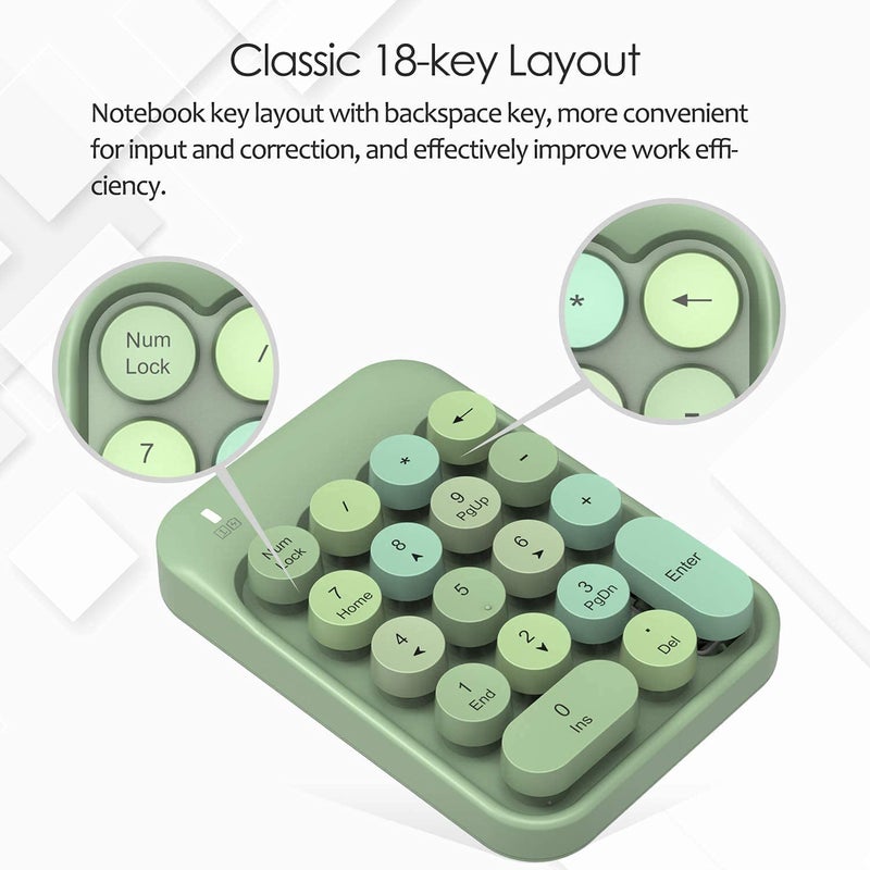 FELICON Wireless Numeric Keypad 18 Keys with 2.4G Mini Portable Silent Number Pad USB Receiver Financial Accounting Keyboard Extensions for Laptop Desktop PC Proï¼ˆGreen Mixï¼‰ - Image 3